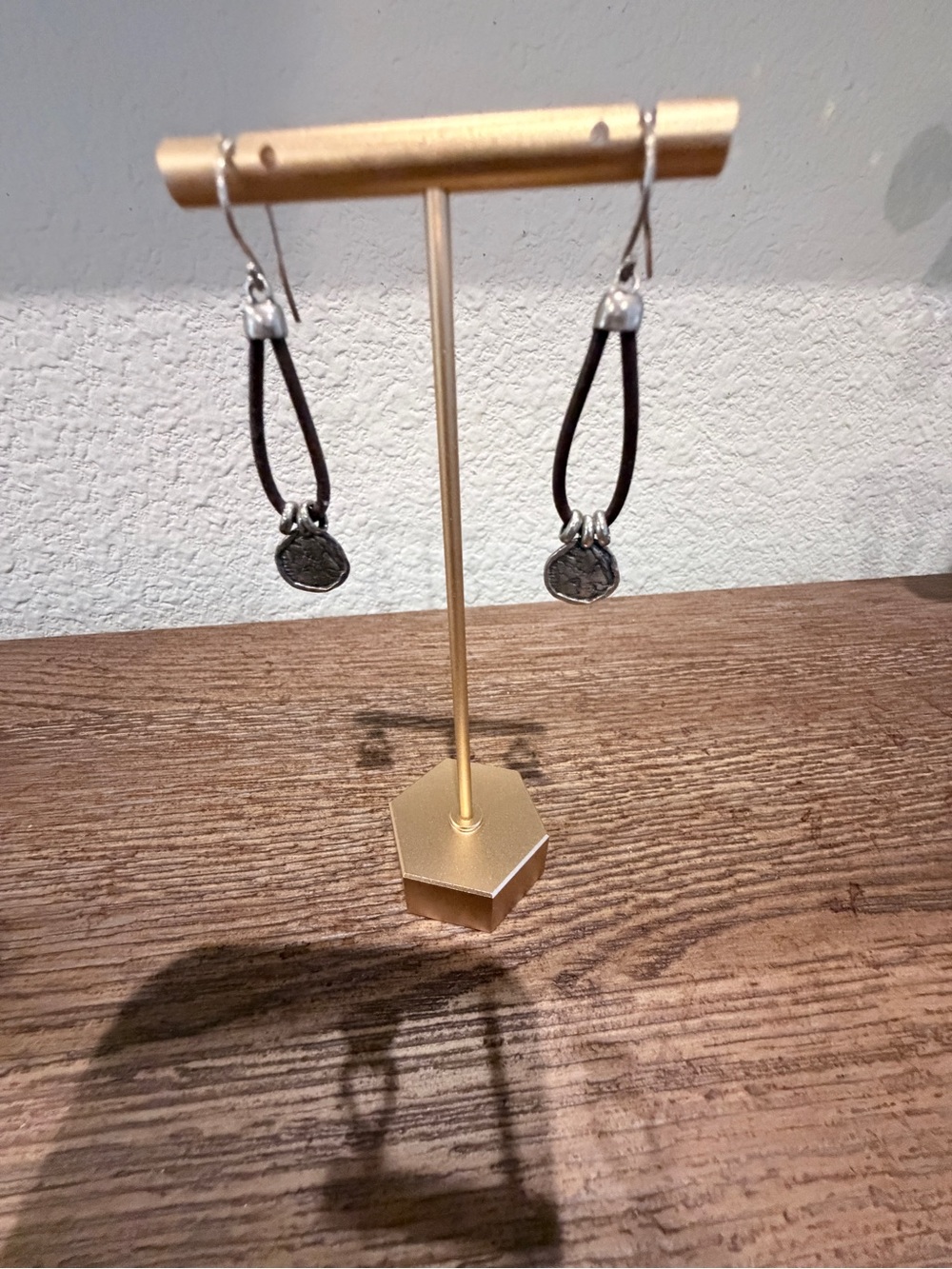 Leather Loop Drop Earrings with Silver Coin Charms